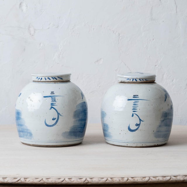 Chinese Pair of Chinese Blue and White Porcelain Bird and Peony Jars, 20th Century For Sale - Image 3 of 10