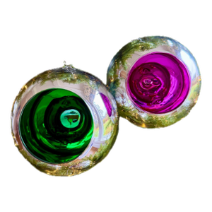 1990s Set of Two Oversized 14″ Two’s Company Blown Glass Ornaments – Silver Mirror With Green & Magenta Interiors