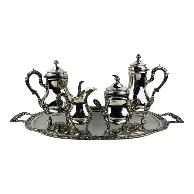 Early 20th Century European Silver-Plated Five-Piece Tea & Coffee Service on Ornate Serving Tray For Sale