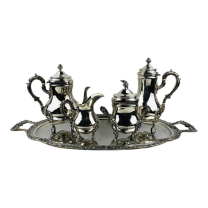 Early 20th Century European Silver-Plated Five-Piece Tea & Coffee Service on Ornate Serving Tray