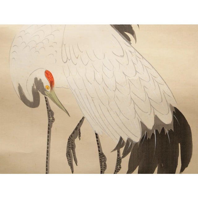 Khaki Early 20th C. Meiji to Showa Era Japanese Watercolor Silk Scroll "Sunrise With Cranes" For Sale - Image 8 of 12