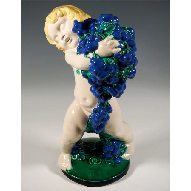Autumn Putto with Grapes in Ceramic attributed to Michael Powolny, Vienna, 1890s For Sale - Image 5 of 9