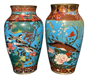 Early 20th Century 2 Japanese Meiji Period Turquoise Cloisonne Vases