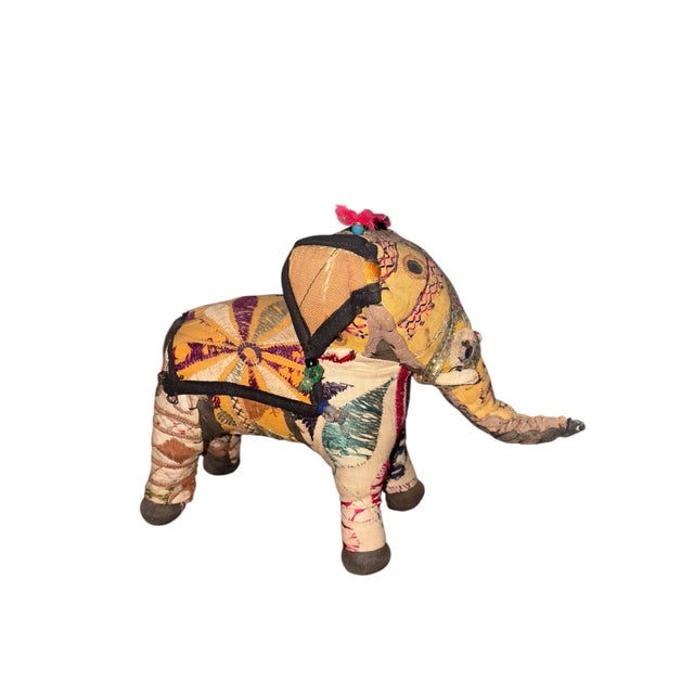 Indian 1950s Anglo Raj Cotton Embroidered Patchwork Stuffed Elephant For Sale - Image 3 of 6