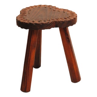 Tripod Stool in Varnished Wood with Brass Nails, 1960s For Sale