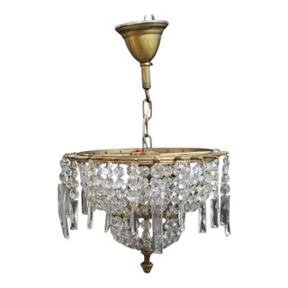 Antique French Brass & Cut Crystal 3-Light Chandelier C1920 For Sale