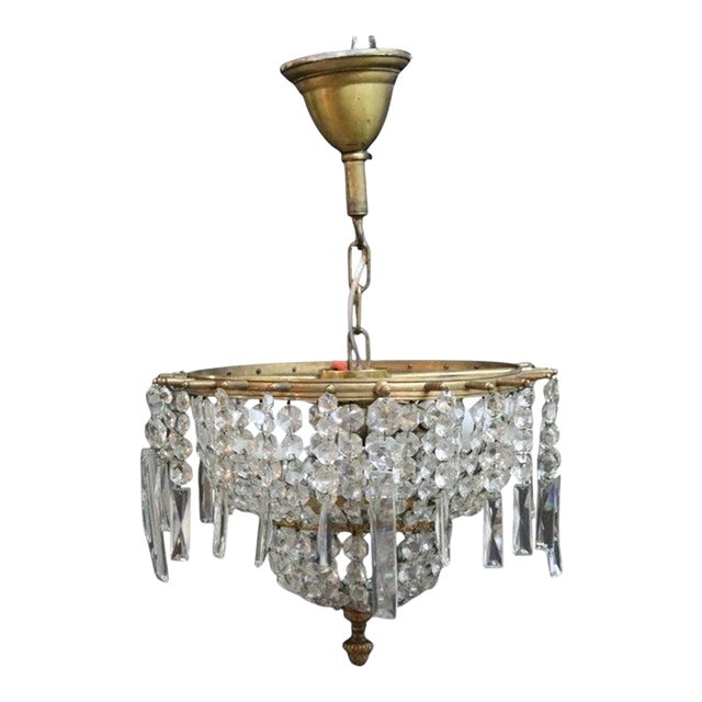 Antique French Brass & Cut Crystal 3-Light Chandelier C1920 For Sale