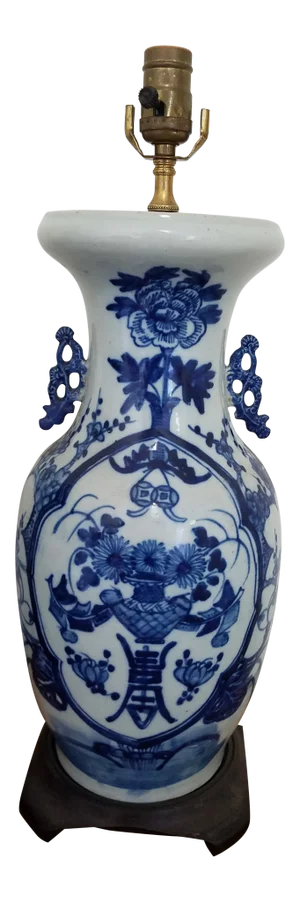 Vintage Chinese Blue and White Hand Painted Porcelain Table Lamp