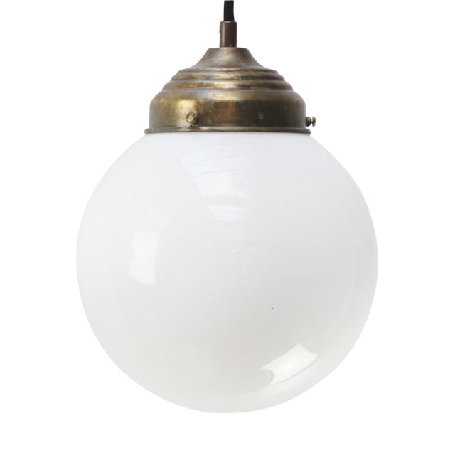 White Opaline Glass and Brass Globe Pendant Light For Sale