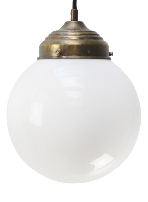 White Opaline Glass and Brass Globe Pendant Light