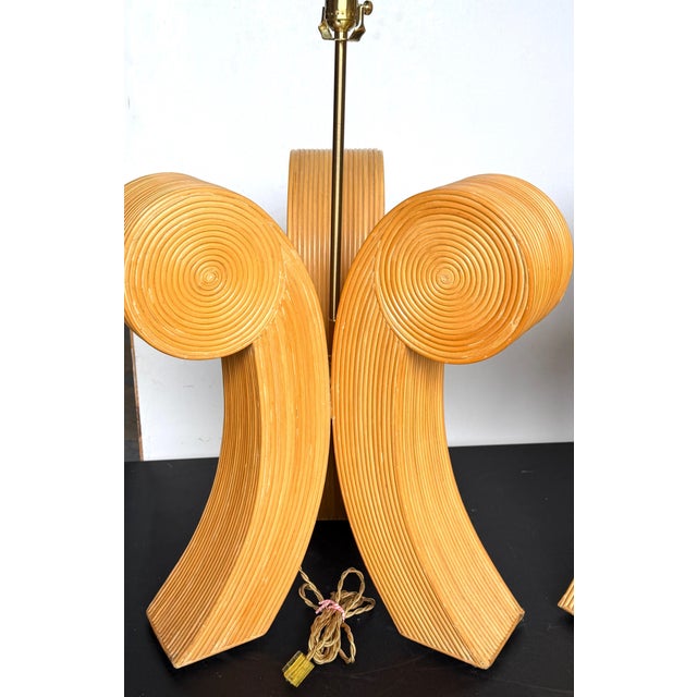 Wood Large Pair Sculptural Modernist Pencil Reed Scroll Lamps, 1980s For Sale - Image 7 of 9