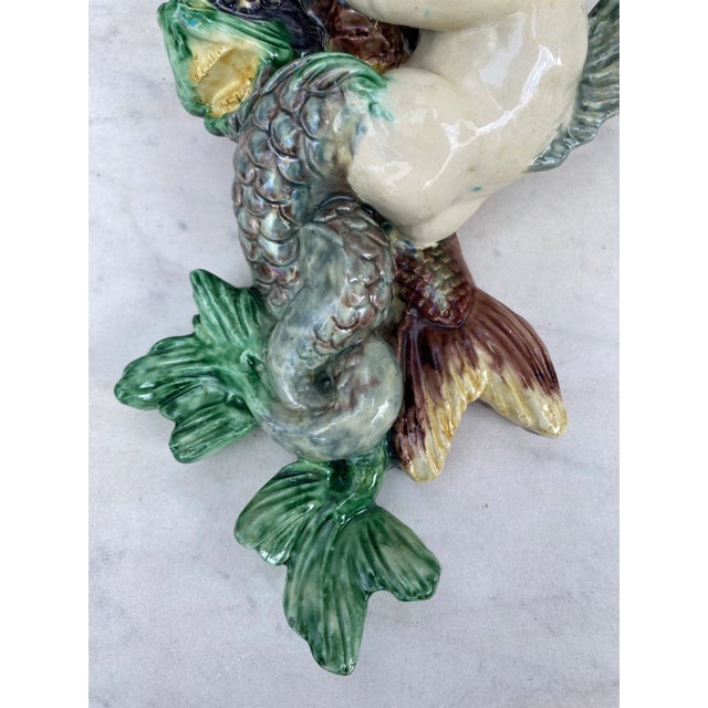 Renaissance 19th Century French Majolica Palissy Wall Bracket Shelf With Putti Merman For Sale - Image 3 of 8