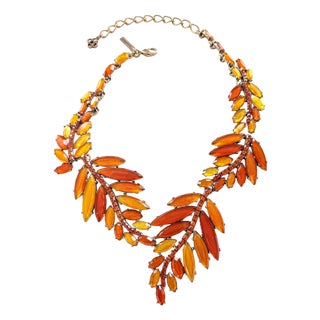 Oscar De La Renta 22k Gold Plated Orange Amber Resin Leaf Statement Necklace For Sale