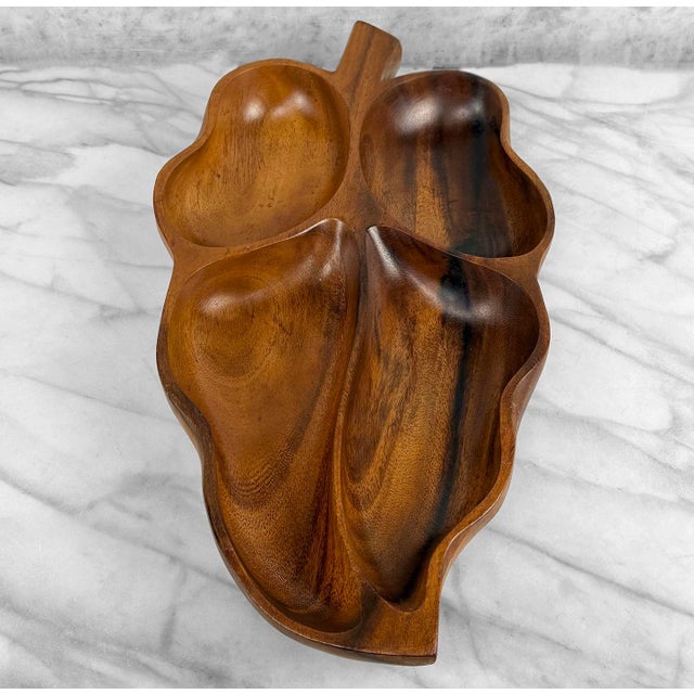 Mid-Century 19" Monkey Pod Wood Divided Centerpiece Leaf Bowl For Sale - Image 4 of 9
