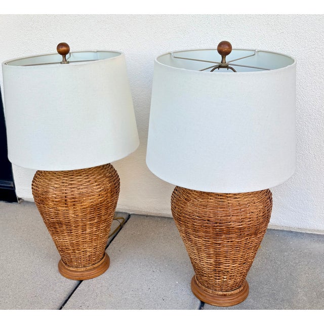 1970s Pair of Woven Rattan and Wood Ginger Jar Lamps in the Style of Ralph Lauren For Sale - Image 10 of 13