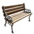 Pair of vintage outdoor benches featuring natural wood slats and elegant cast iron frames with scrolling arm details. The...