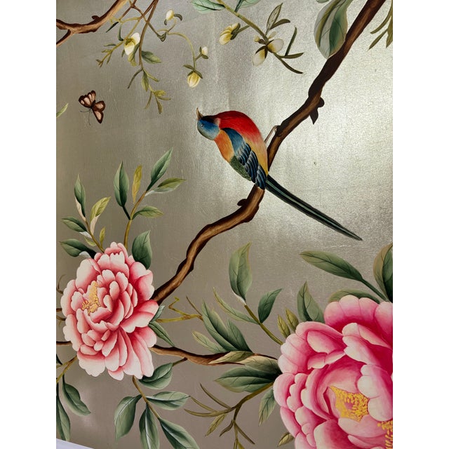 Hand-Painted Chinoiserie Wallpaper on Champagne Metallic, Peonies & Birds – Set of 2 For Sale - Image 4 of 5