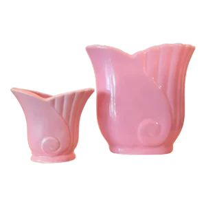 Vintage Pink Pottery Vase Deco Style Mid Century 2 Set