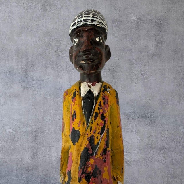 Late 20th Century Vintage African Carved Wood Colon Statue Figure Gentleman Suit Painted 17 In For Sale - Image 5 of 10