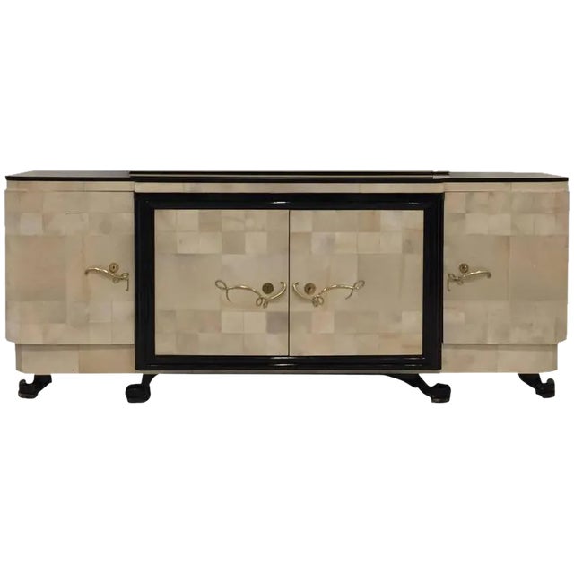 French Art Deco Parchment Buffet With Ebony Marble Top and "Portor" Legs For Sale