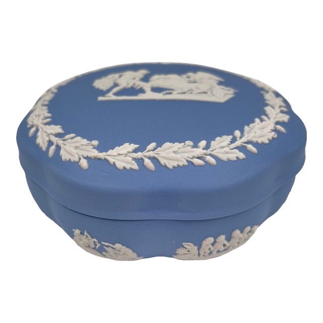 Vintage Wedgwood Blue Jasperware Trinket Box, Ulysses Chariot Scene For Sale