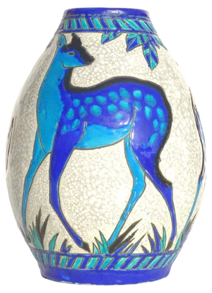 Art Deco Blue Deer Pottery Vase by Charles Catteau for Boch Frères, 1920s