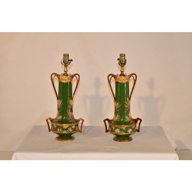 19th Century Art Nouveau Majolica Lamps - Pair For Sale - Image 4 of 14