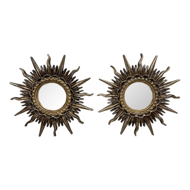 Vintage Silver and Gilt Sunburst Mirrors – A Pair. Heavy Plaster Hollywood Regency / Spanish Revival For Sale