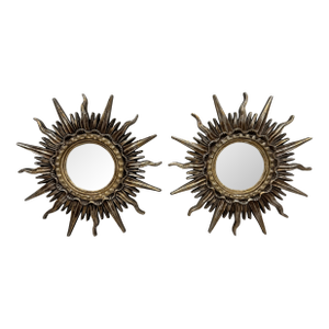 Vintage Silver and Gilt Sunburst Mirrors – A Pair. Heavy Plaster Hollywood Regency / Spanish Revival