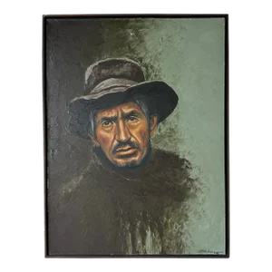 Vintage Galan Oil Potrait Painting of a Man With Hat, Framed