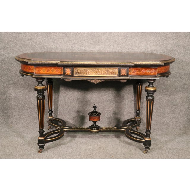 Late 19th Century Antique Carved Victorian Inlaid Marquetry Center Table Attributed to Pottier & Stymus For Sale - Image 5 of 13