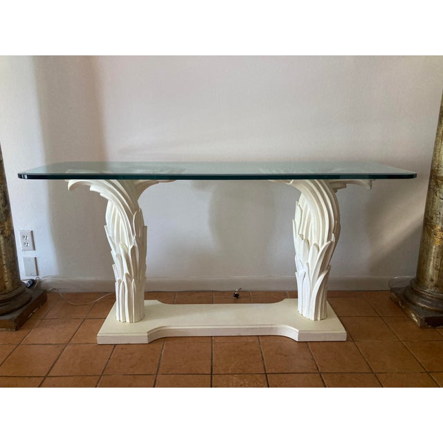 Serge Roche Double Palm Blanc Console Table with Thick Beveled Glass Top. Beautiful hand carved Palm Details and original...