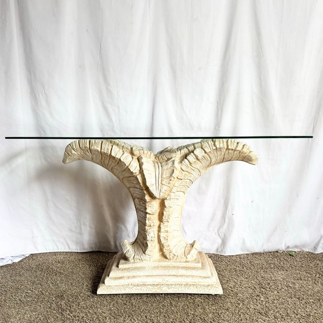 This striking Boho Chic sculpted banana leaf console table features a dramatic hand-modeled base inspired by lush tropical...