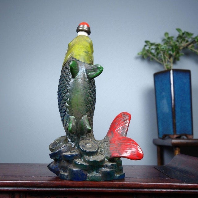 Metal Vintage Liuli Glass Fish Snuff Bottle - Polychrome Sculptural Flask For Sale - Image 7 of 9