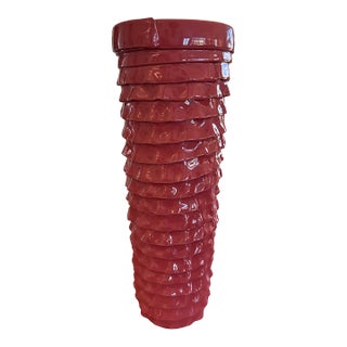 Heavy Mid-Century Modern Italian Ruffled Pink Ceramic Vase For Sale