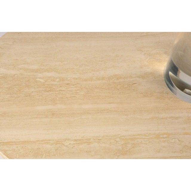 Mid-Century Modern Oval Travertine and Lucite Side Table / Bar Cart For Sale - Image 3 of 5