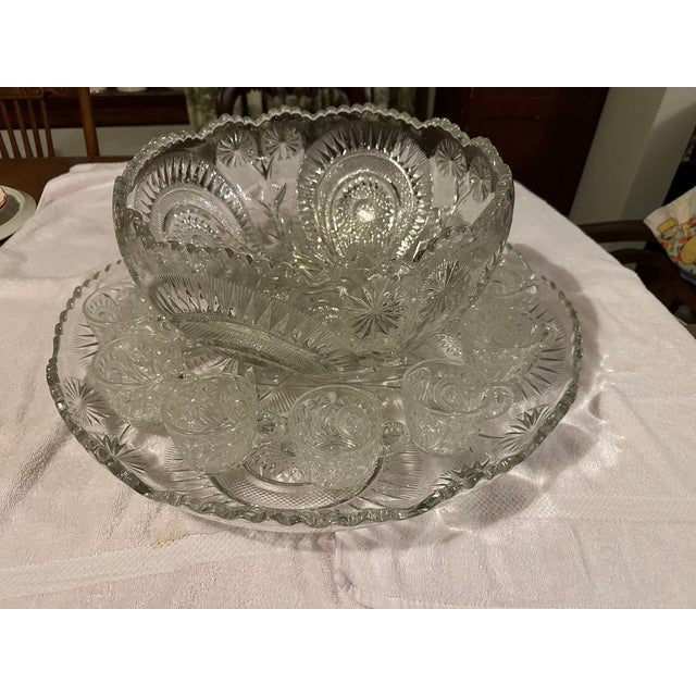 Beautiful large, heavy punch bowl set, pinwheel and star pattern; perfect for any celebration! Set includes bottom tray,...