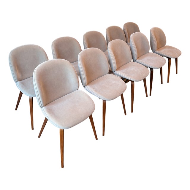 Set of 10 Custom Gubi Beetle Dining Chairs in Camel Mohair & Walnut For Sale