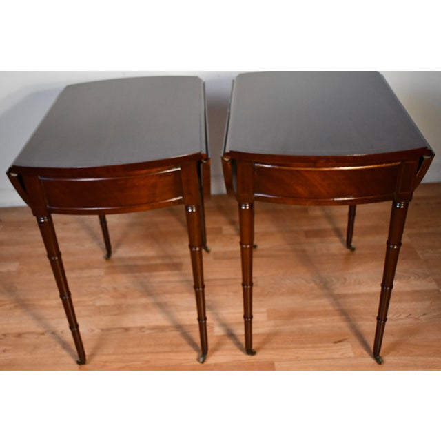 1920s Pair Irwin English Regency Mahogany Inlaid Pembroke Side Tables End Tables For Sale - Image 10 of 12