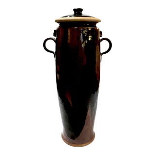 1970's Tall Hand-Crafted Stoneware Handled Jar With Lid by Ken Edwards - Montana For Sale