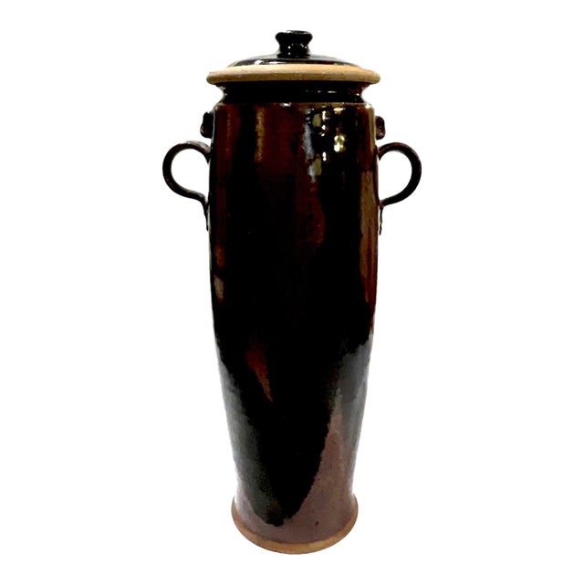 1970's Tall Hand-Crafted Stoneware Handled Jar With Lid by Ken Edwards - Montana For Sale