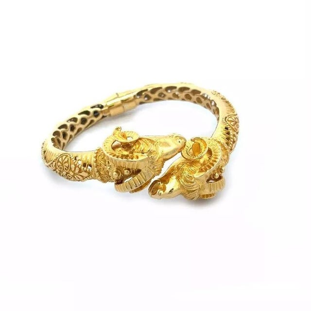 Gold Etruscan 18k Gold Flex Bracelet Revival Double Rams Head Hinged Band For Sale - Image 8 of 8