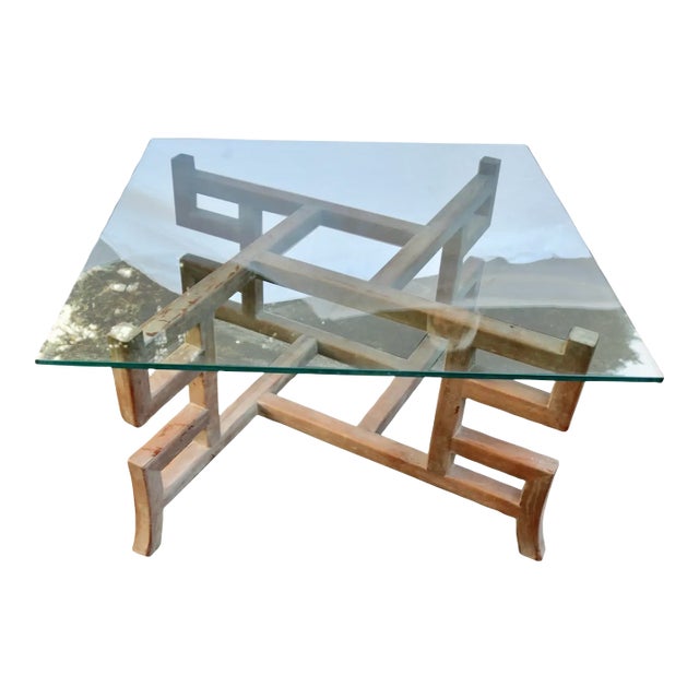 Mid 20th Century Chinoiserie Teak Glass Top Coffee Table For Sale