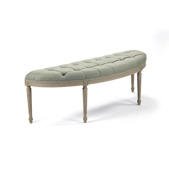 The Louis Curve Bench from Zentique is a French Louis XVI demilune bench with a padded sage linen seat on a birch frame...