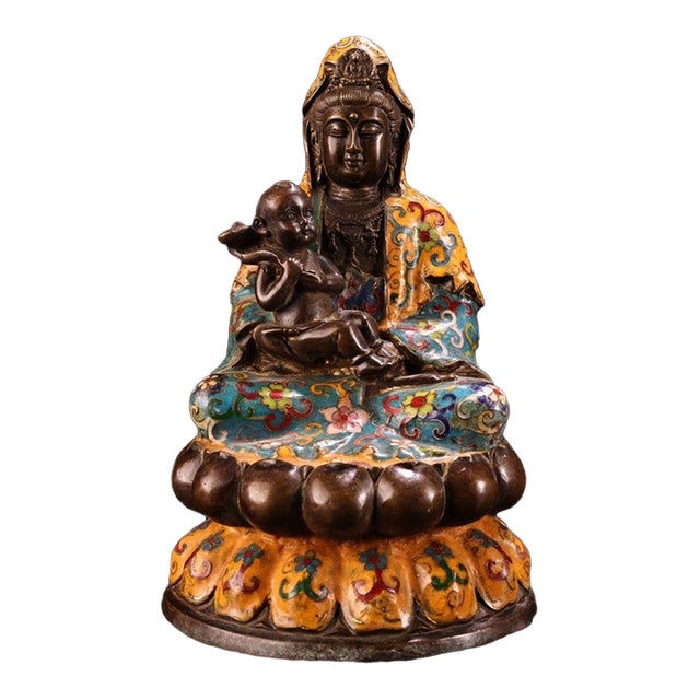 Late 19th Century Cloisonné Bronze Guanyin With Child, 4500g, Gilt Figurine For Sale