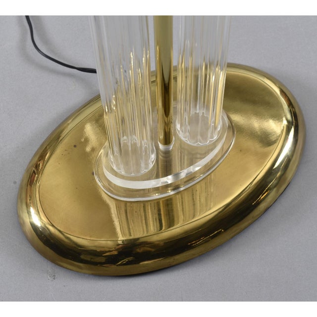 1980s Art Deco Inspired Clear Acrylic Lucite and Gold Brass Torchiere Floor Lamp For Sale - Image 9 of 12