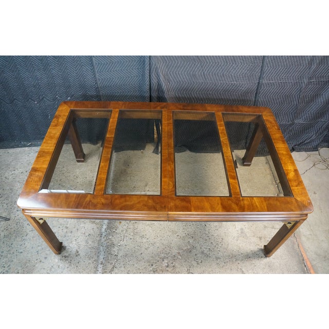 Mid Century Chinoiserie Matchbook Walnut Brass & Glass Extendable Dining Table For Sale - Image 6 of 15