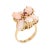 Stylish angel skin coral & ruby flower cocktail ring crafted in 18 karat yellow gold (circa 1970s). Cabochon cut coral...