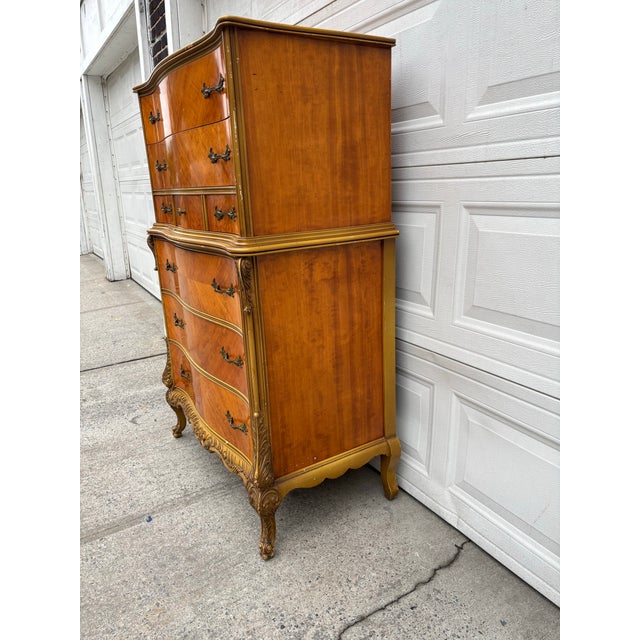 French Provincial Vintage French Provincial Bombe Highboy Dresser With Inlaid Wood & Gilt Trim, Serpentine Front For Sale - Image 3 of 12