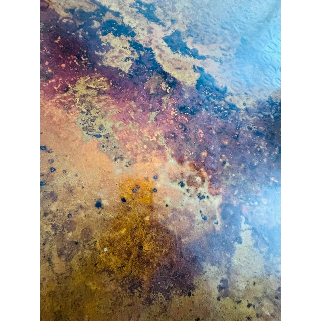 Large 71” Hand-Hammered Copper Top Dining Table With Wrought Iron Scroll Base For Sale In Houston - Image 6 of 8